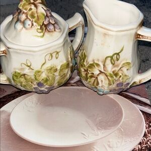 Floral Cream and Sugar Set with Pink Plates